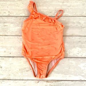 Girls 3T One Piece Swimsuit Neon Orange Palm Trees Print Toddler Kids Baby Buns